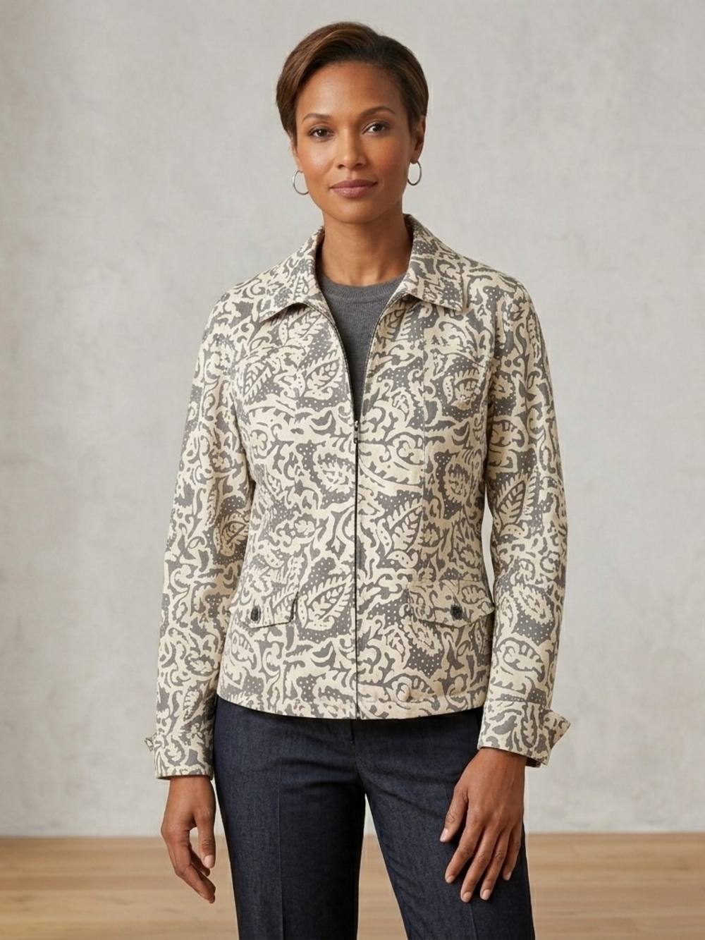 cleo Cream and Green Printed Zip Jacket Size L